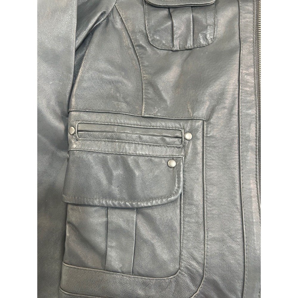 Boston Proper Leather Jacket Womens 4 Gray Utility Moto Multi-Pocket Zip Front - Picture 3 of 10